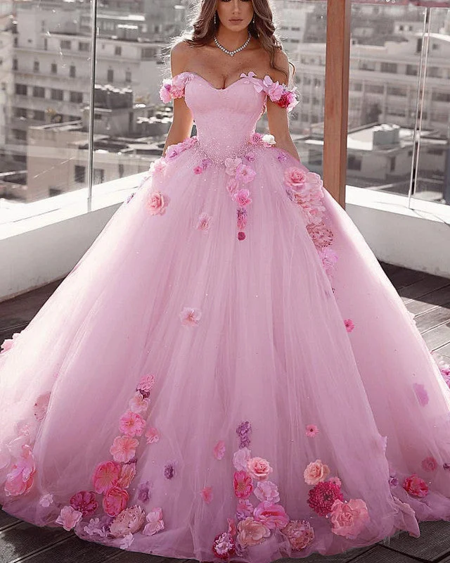 Extra Savings Blush Pink Wedding Dress Floral Flowers Ball Gown Off Shoulder