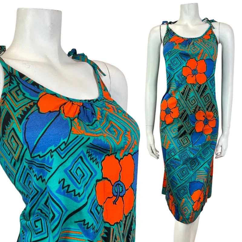 Price Break VINTAGE 60s 70s GREEN BLUE ORANGE HAWAIIAN FLORAL GEOMETRIC SUN DRESS 10 Price Break VINTAGE 60s 70s GREEN BLUE ORANGE HAWAIIAN FLORAL GEOMETRIC SUN DRESS 10