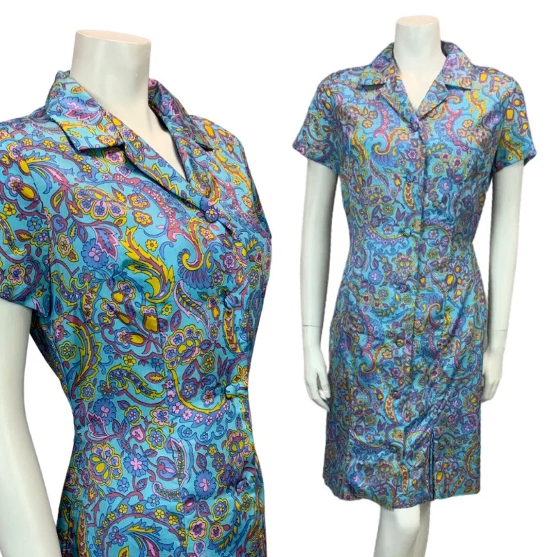 Overstock Sale VINTAGE 60s 70s BLUE YELLOW PINK PURPLE PAISLEY PSYCHEDELIC MIDI PRINT DRESS 14