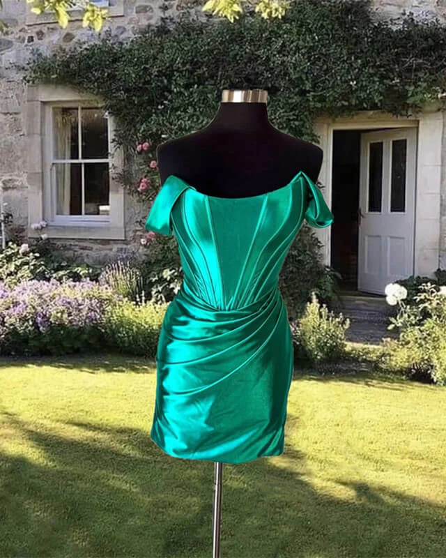 Season Finale Sale Tight Emerald Green Off-Shoulder Satin Dress