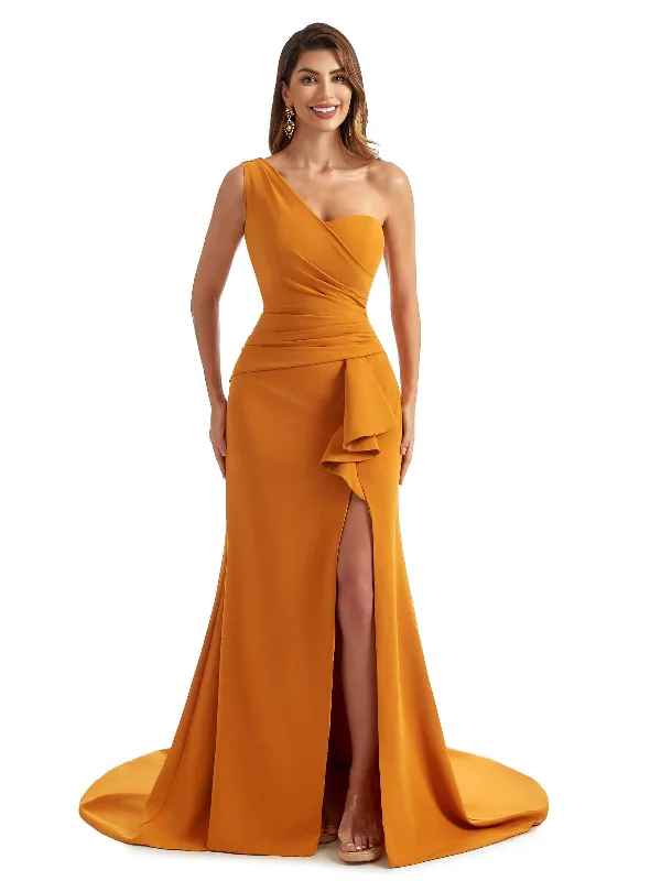 Inventory Reduction Sexy Side Split Mermaid One Shoulder Stretchy Crepe Long Formal Bridesmaid Dresses