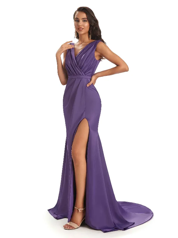 Super Sale Sexy Soft Satin Side Slit V-neck Unique Long African Bridesmaid Dresses