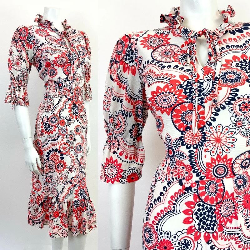 Extra Savings VINTAGE 60s 70s WHITE RED BLUE FLORAL MANDALA PSYCHEDELIC MOD RUFFLE DRESS 12 14