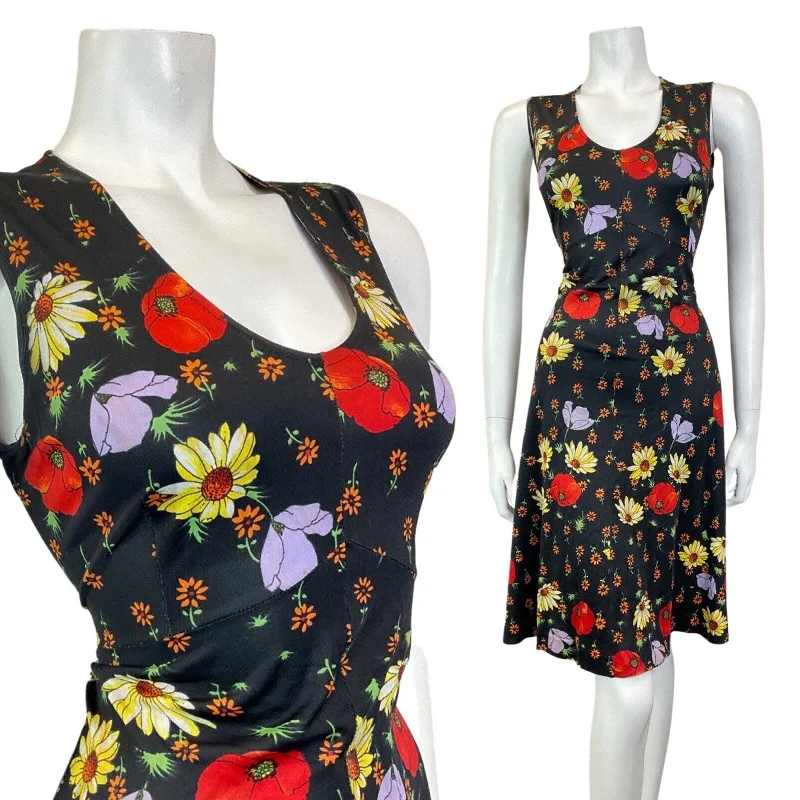 Exclusive Preview VINTAGE 60s 70s BLACK RED YELLOW FLORAL POPPY SLEEVELESS SUMMER DRESS 10 12 Exclusive Preview VINTAGE 60s 70s BLACK RED YELLOW FLORAL POPPY SLEEVELESS SUMMER DRESS 10 12