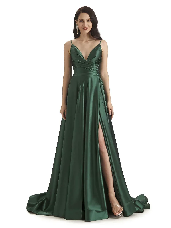 Closeout Sexy Soft Satin Side Slit Spaghetti Straps Long Bridesmaid Dresses Online
