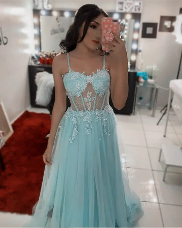 Members Only Tulle Sweetheart Corset Prom Dresses Spaghetti Straps Embroidery