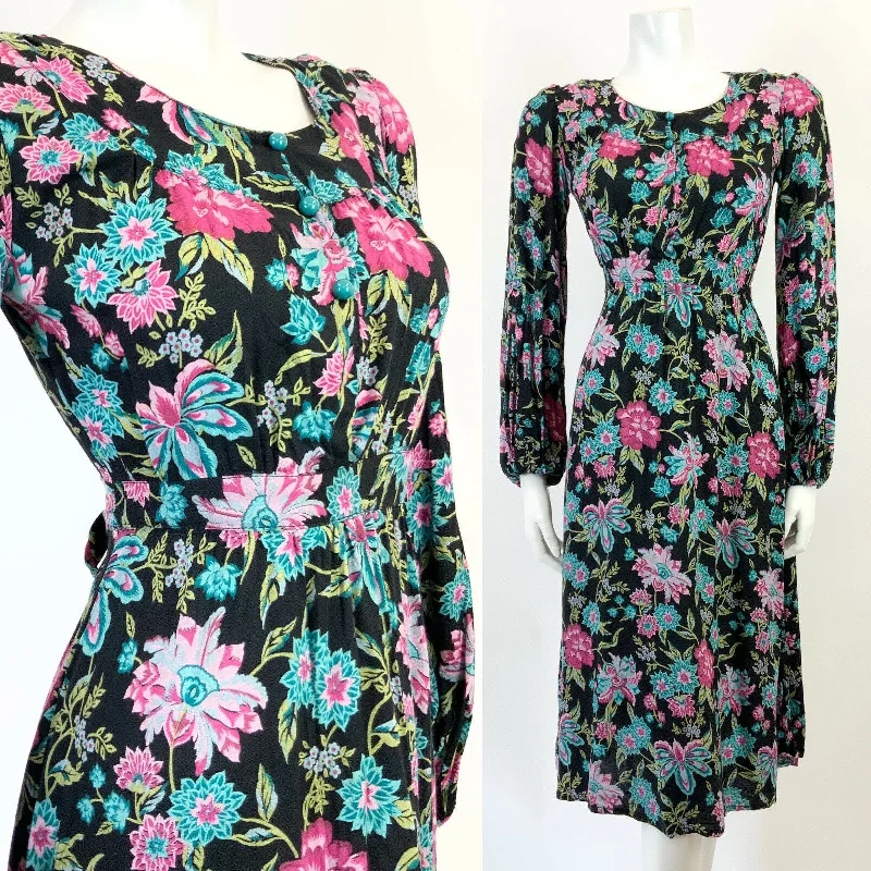 Best Bargains VINTAEG 60s 70s BLACK PINK BLUE GREEN FLORAL BOHO FOLK PUFF SLEEVE DRESS 8