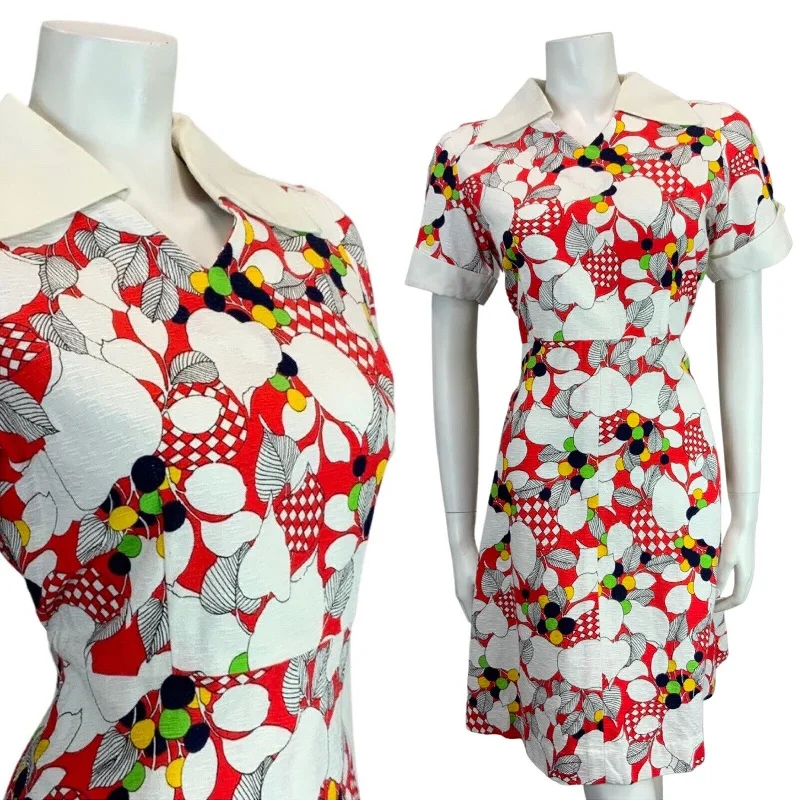 Instant Discount VINTAGE  WHITE RED NAVY BLUE YELLOW GREEN FLORAL PRINT MIDI MOD DRESS 12