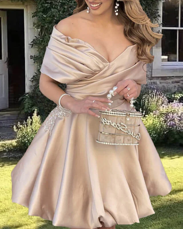 Exclusive Access Short Off Shoulder Champagne Satin Dress
