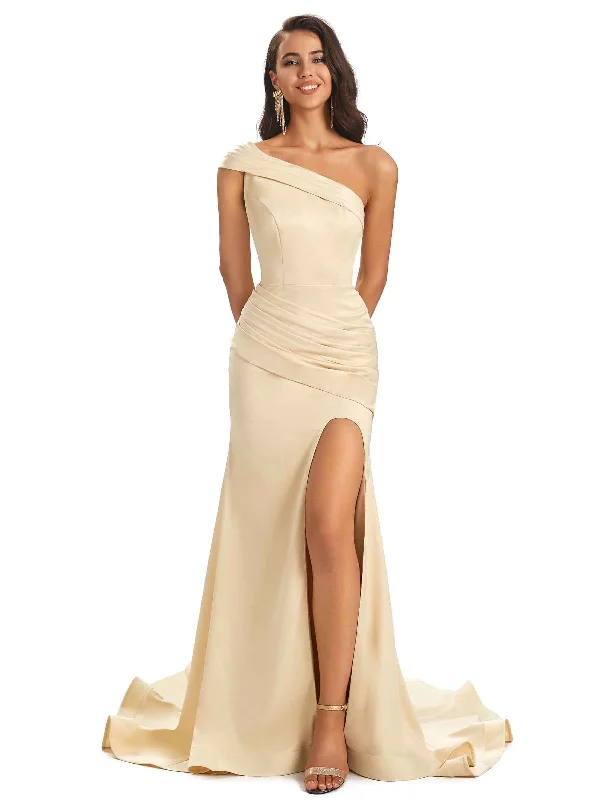 Deal of the Day Sexy Soft Satin Side Slit One Shoulder Long Mermaid Bridesmaid Dresses Online