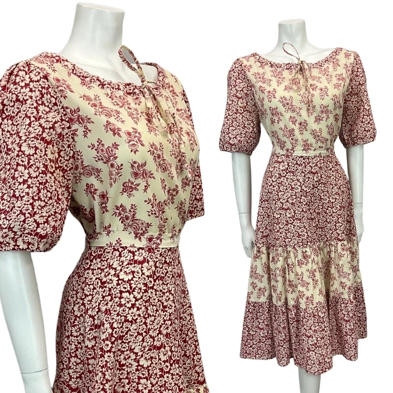 Limited Time VINTAGE DIOLEN 70s DUSTY PINK CREAM FLORAL PRINT BOHO FOLK MIDI DRESS 10 12
