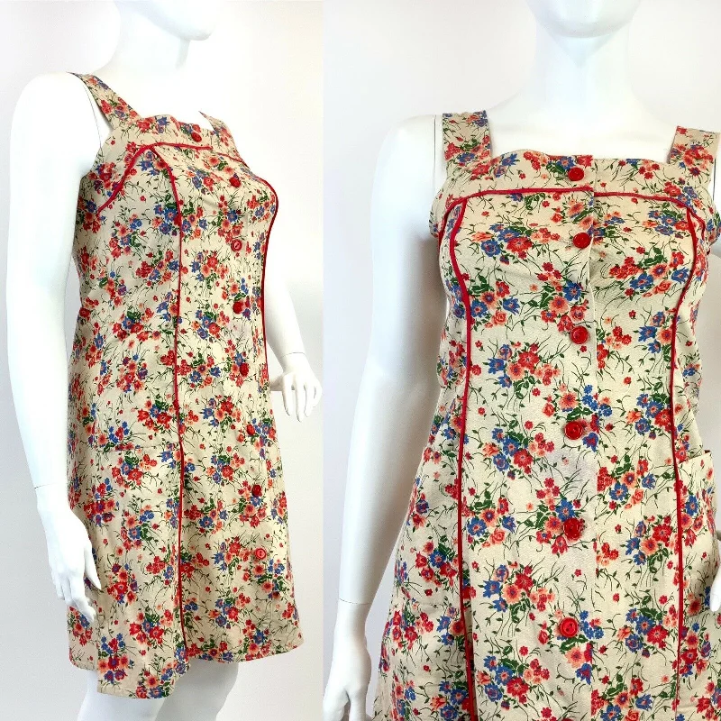 Closeout Sale VTG 60s 70s BEIGE RED BLUE GREEN FLORAL VINE BOHO APRON PINAFORE SUMMER DRESS 14