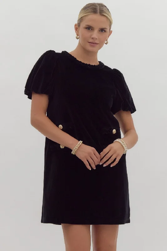Big Savings Libby Black Velvet Puff Sleeve Mini Dress