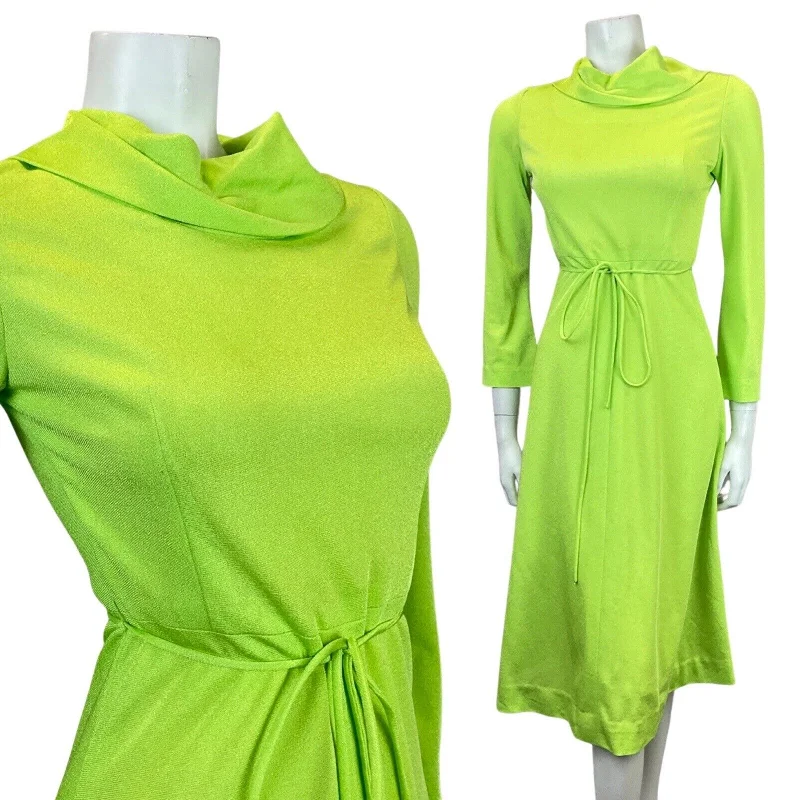 Now or Never VINTAGE 60s 70s NEON GREEN LONG-SLEEVE SWING DRESS 6 8