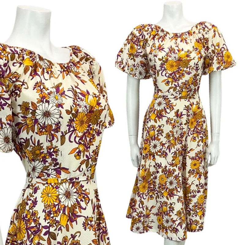 Big Savings VINTAGE 60s 70s CREAM ORANGE PURPLE BROWN FLORAL PRINT BOHO MIDI DRESS 10 12