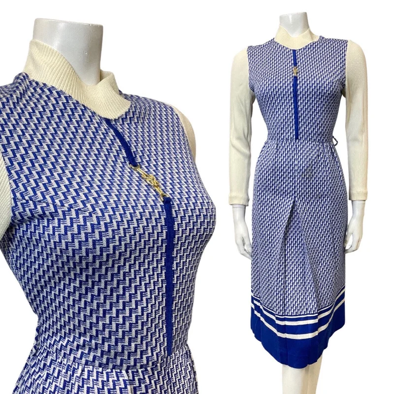 Savings Event VINTAGE 70s BLUE WHITE GEOMETRIC ZIG-ZAG KNITTED LONG-SLEEVE MIDI DRESS 8 10 Savings Event VINTAGE 70s BLUE WHITE GEOMETRIC ZIG-ZAG KNITTED LONG-SLEEVE MIDI DRESS 8 10