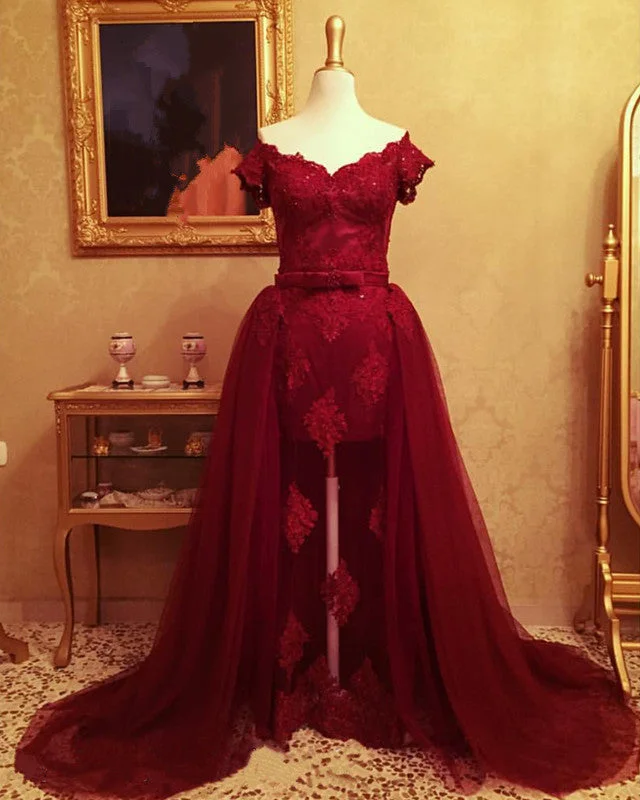 Low Prices Elegant Lace Mermaid Prom Dresses Off The Shoulder Removable Train