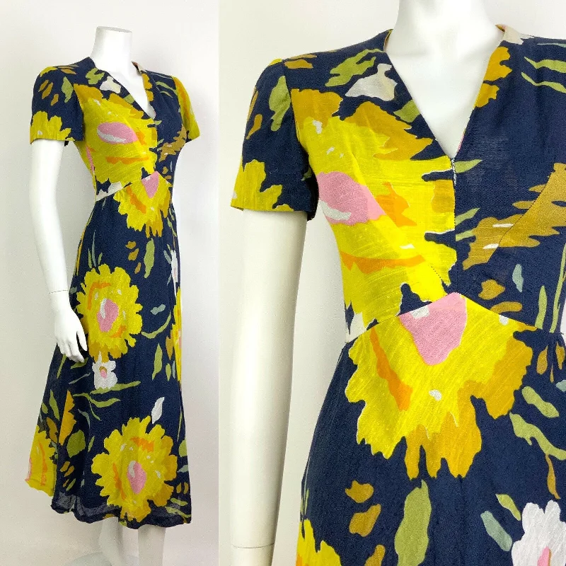 Take Advantage VINTAGE 60s 70s NAVY BLUE YELLOW PINK FLORAL V-NECK SWING SUMMER DRESS 8 10