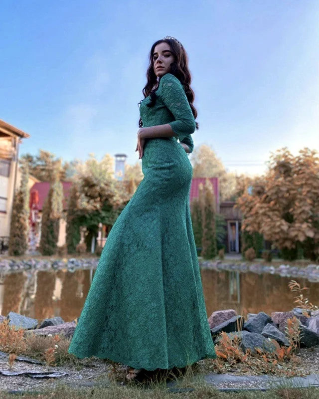 Today’s Deal Modest Lace Mermaid Dresses With 3/4 Sleeves