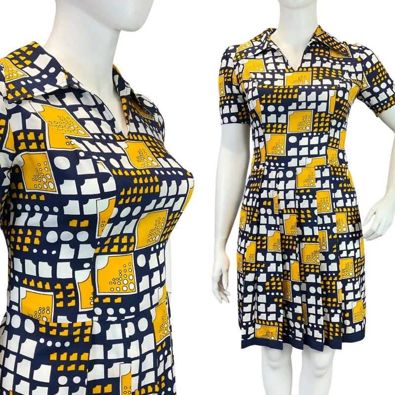 Instant Discount VINTAGE 60s 70s NAVY BLUE WHITE YELLOW GEOMETRIC MOD PLEATED DAGGER DRESS 16 Instant Discount VINTAGE 60s 70s NAVY BLUE WHITE YELLOW GEOMETRIC MOD PLEATED DAGGER DRESS 16