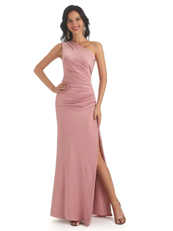 Now or Never Sexy Side Slit One Shoulder Satin Mermaid Maxi Bridesmaid Dresses Gown