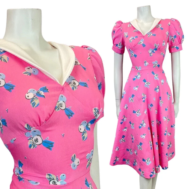 Clearance Items VINTAGE 60s 70s BUBBLEGUM PINK BLUE FLORAL BERRY SWING TEA DRESS 8