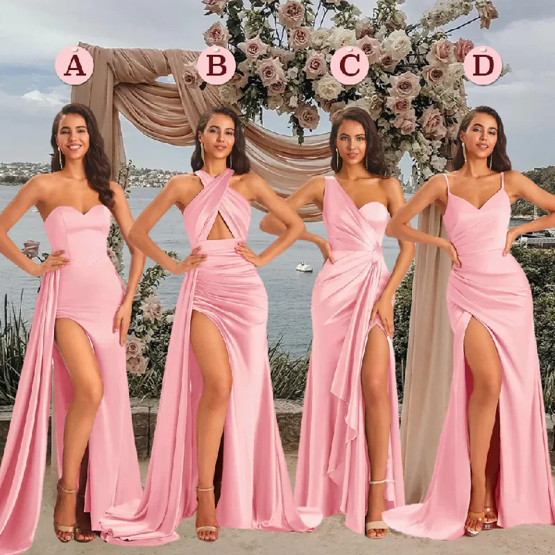 TIME-Limited Offer Blush Sexy Chic Silky Mismatched Side Slit Mermaid Satin Bridesmaid Dresses Online TIME-Limited Offer Blush Sexy Chic Silky Mismatched Side Slit Mermaid Satin Bridesmaid Dresses Online