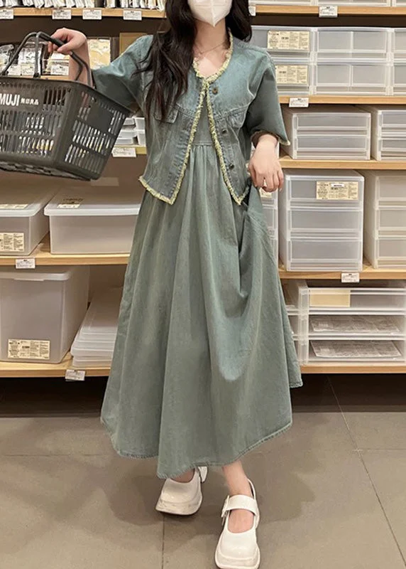 YEAR-End Sale Vintage Denim Blue O-Neck Patchwork Coats And Long Dress Two Piece Set Short Sleeve TY1078