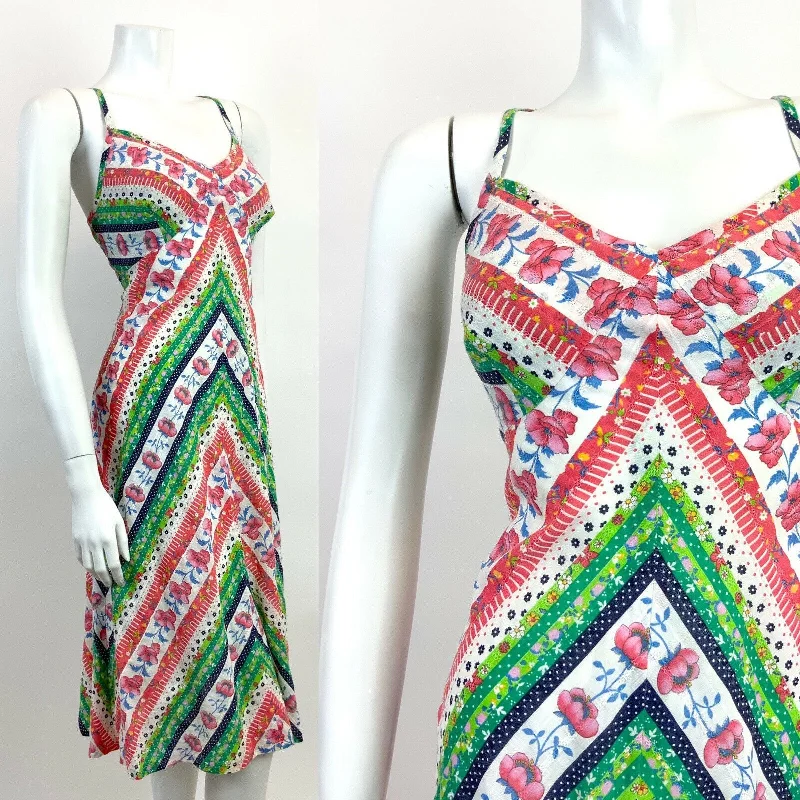 Weekend Flash Sale VTG 60s 70s WHITE GREEN RED BLUE FLORAL STRIPED DOTTY STRAPPY FOLK SUNDRESS 12