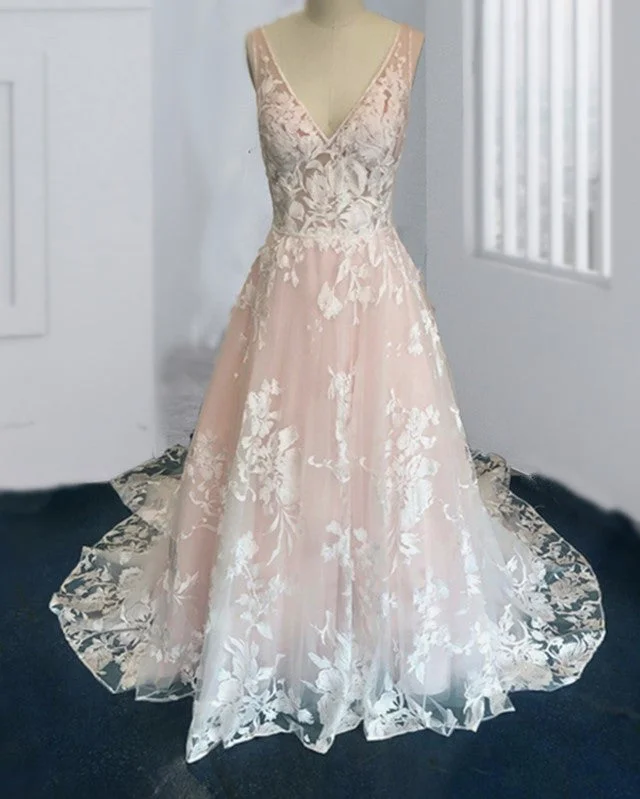 Clearance Event Blush Tulle Wedding Dresses Ivory Lace V Neck