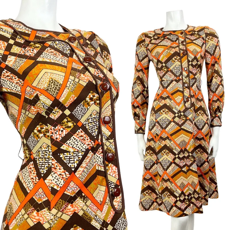 Value Deals VINTAGE 60s 70s BROWN CREAM ORANGE GEOMETRIC PSYCHEDELIC MOD LONGSLEEVE DRESS 8 Value Deals VINTAGE 60s 70s BROWN CREAM ORANGE GEOMETRIC PSYCHEDELIC MOD LONGSLEEVE DRESS 8