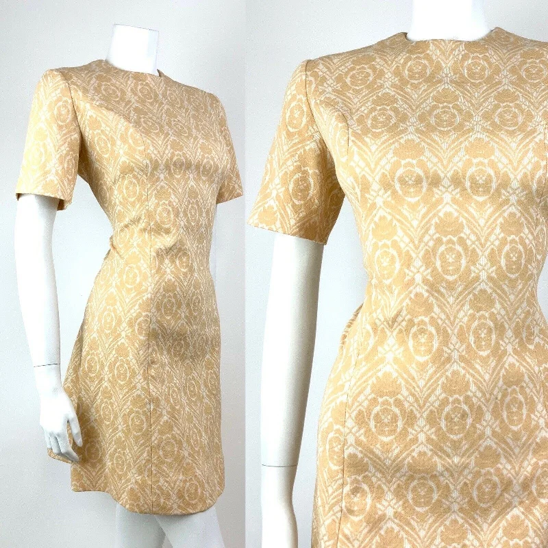 Great Deals VINTAGE 60s 70s BEIGE WHITE FLORAL DAMASK MOD SCOOTER MINI FITTED DRESS 14 16 Great Deals VINTAGE 60s 70s BEIGE WHITE FLORAL DAMASK MOD SCOOTER MINI FITTED DRESS 14 16