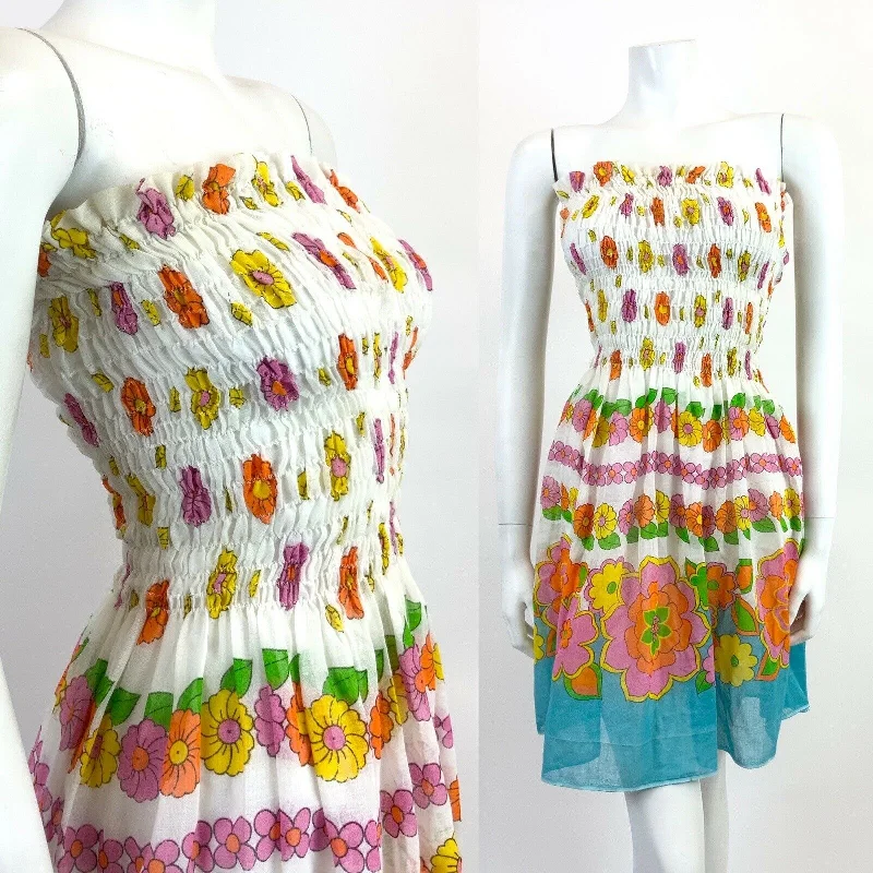 Hurry In VINTAGE 60s 70s WHITE BLUE PINK ORANGE FLORAL SHIRRED STRAPLESS SUMMER DRESS 6 8