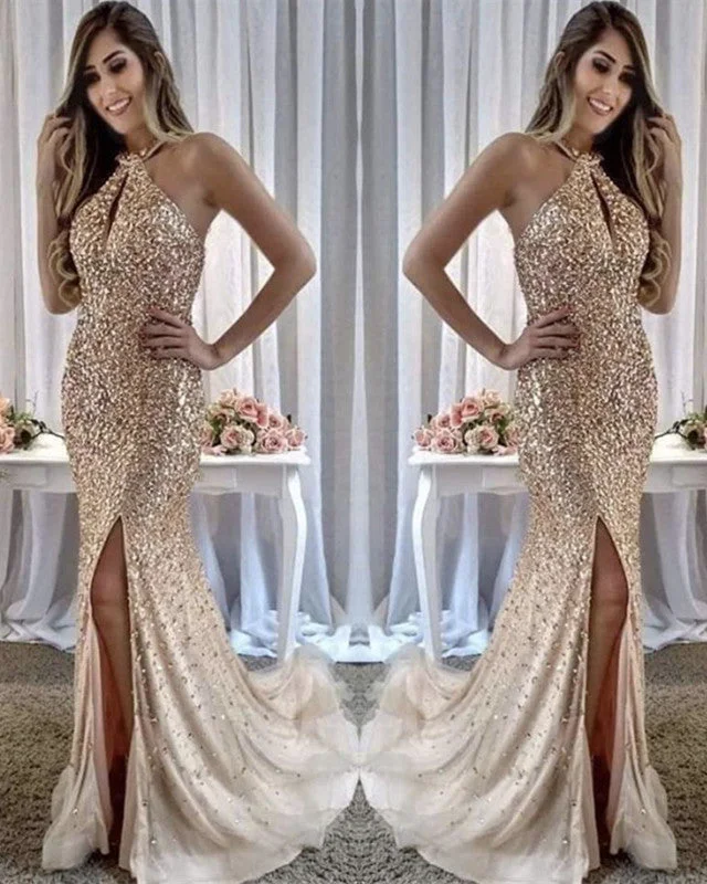 Exclusive Online Offer Beaded Mermaid Evening Dress Halter Split Prom Gowns