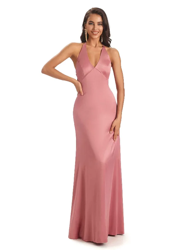 Bonus Savings Modern Soft Satin V-neck Halter Sexy Unique Bridesmaid Dresses Online
