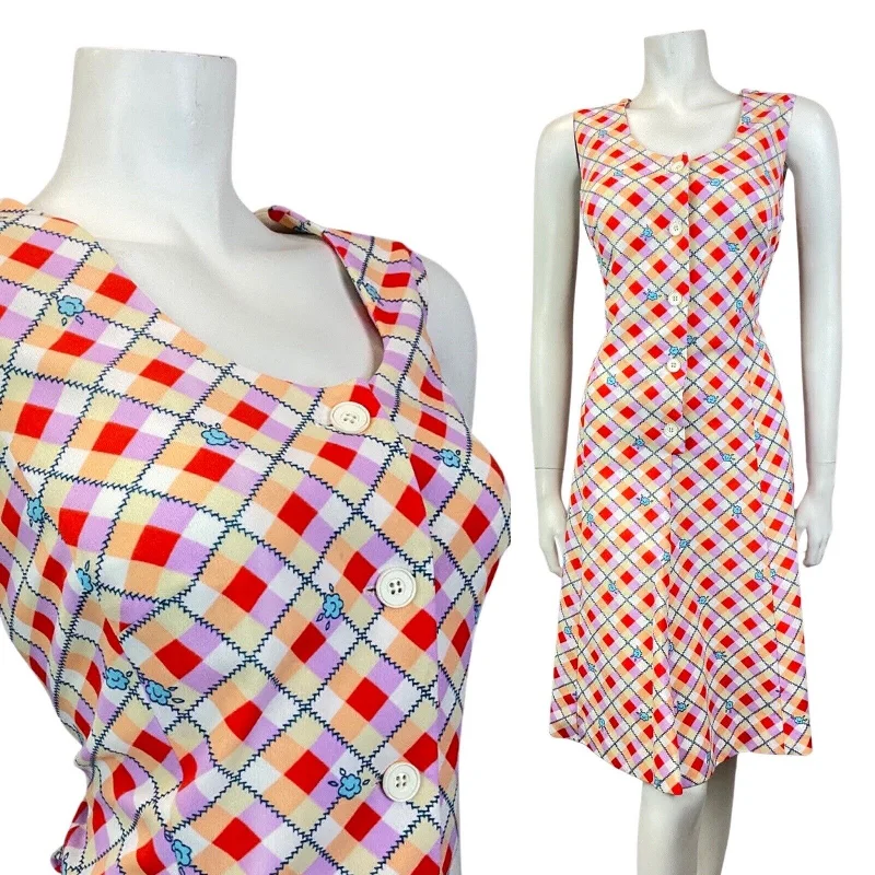 Friends and Family Sale VINTAGE 60s 70s CREAM RED LILAC CHECKED FLORAL GEOMETRIC PIXEL MIDI DRESS 12 14