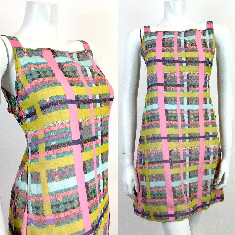 Lowest Price VINTAGE 60s 70s BLUE PINK YELLOW CHECKED BATIK MOD SHEER STRAPPY MINI DRESS 6 8
