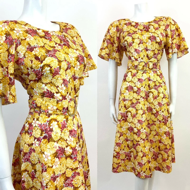 While Supplies Last VTG 60s 70s YELLOW RED BROWN FLORAL PSYCHEDELIC BELL SLEEVE SWING DRESS 10 12