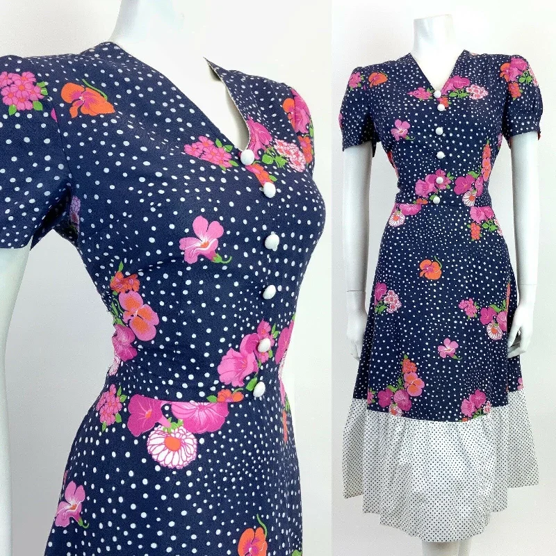 Limited Edition VINTAGE 60s NAVY BLUE WHITE PINK POLKA-DOT FLORAL RUFFLED MIDI DRESS 12