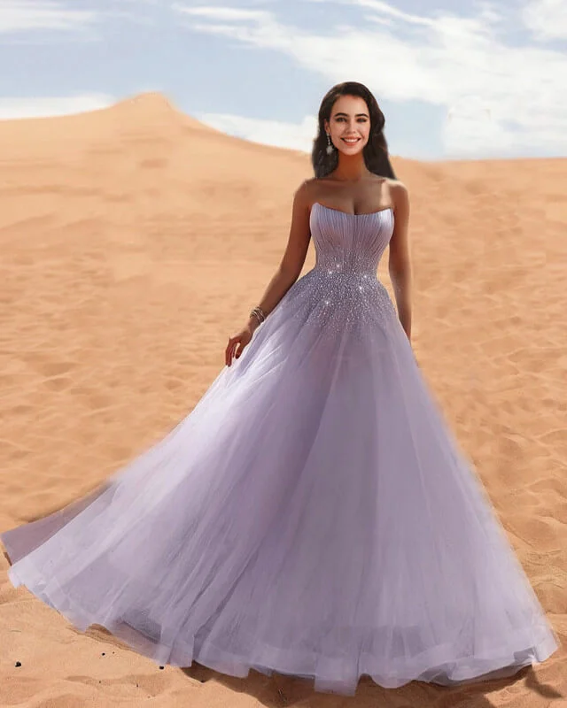 Weekend Deal Long Tulle Strapless Dress With Sparkles