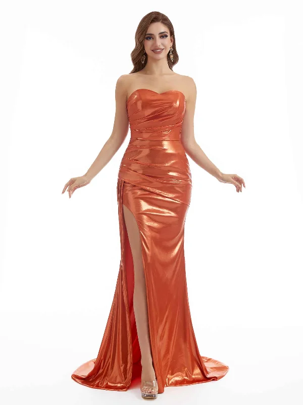Price Reduction Sexy Strapless Pleated Sparkly Liquid Metallic Long Dresses For Women Price Reduction Sexy Strapless Pleated Sparkly Liquid Metallic Long Dresses For Women