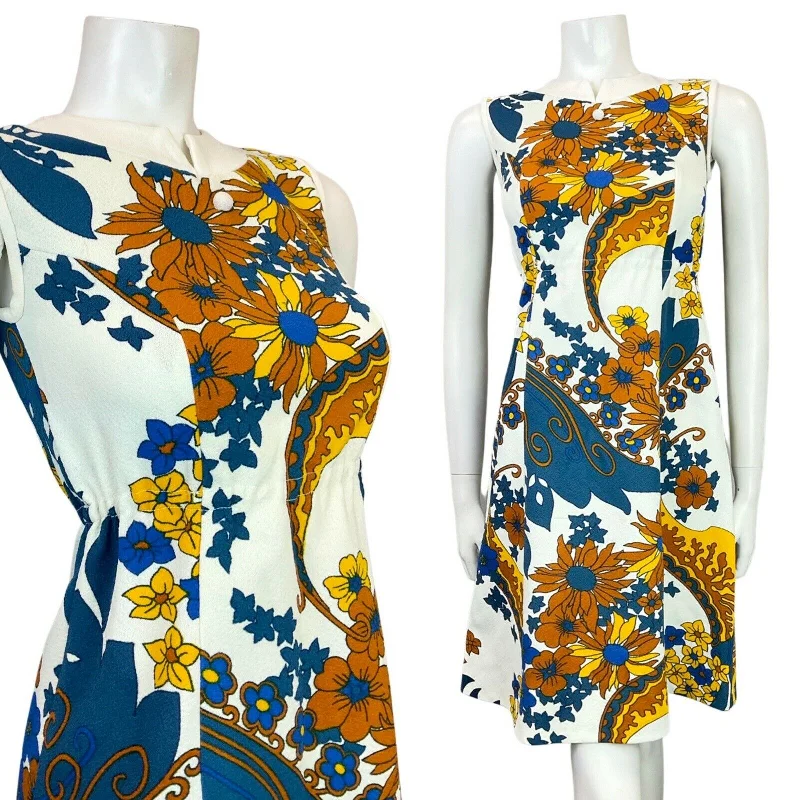 Online Only VINTAGE 60s 70s WHITE BLUE YELLOW PSYCHEDELIC FLORAL SLEEVELESS MOD DRESS 6 Online Only VINTAGE 60s 70s WHITE BLUE YELLOW PSYCHEDELIC FLORAL SLEEVELESS MOD DRESS 6