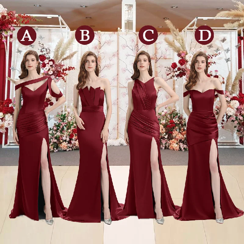 Price Reduction Unique Mismatched Side Slit Soft Satin Cheap Mermaid Burgundy Maid Of Honor Dresses Price Reduction Unique Mismatched Side Slit Soft Satin Cheap Mermaid Burgundy Maid Of Honor Dresses