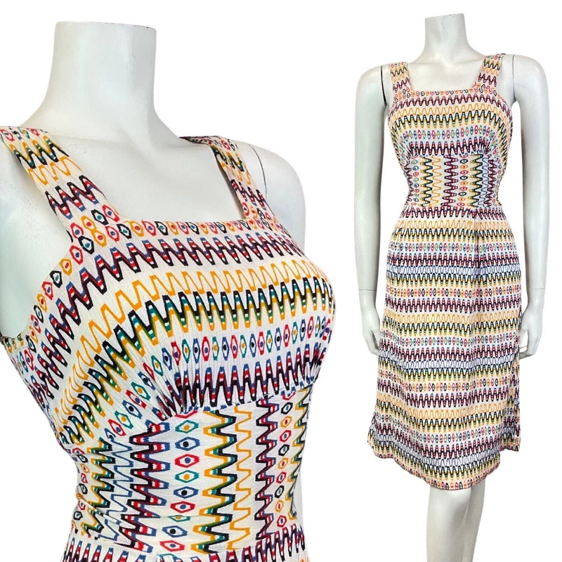 Closeout VINTAGE 60s 70s WHITE RED BLUE GREEN ZIG-ZAG GEOMETRIC SUMMER APRON DRESS 8