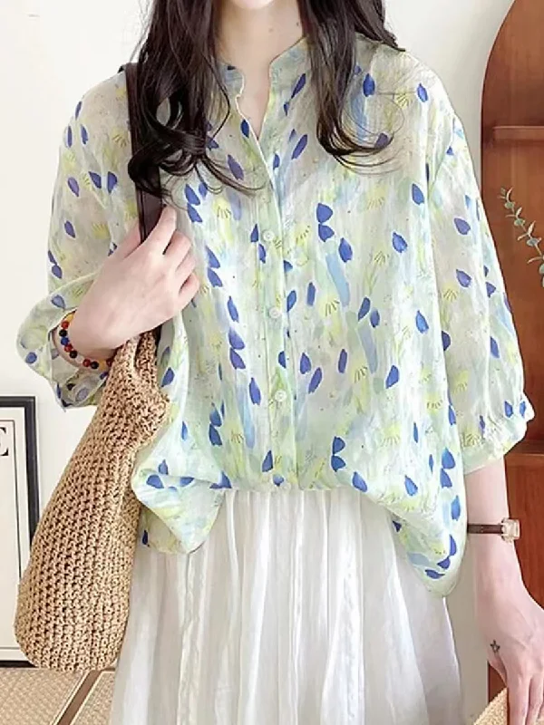 Deep Discounts Women Summer Artsy Floral Ramie Loose Shirt AS1028