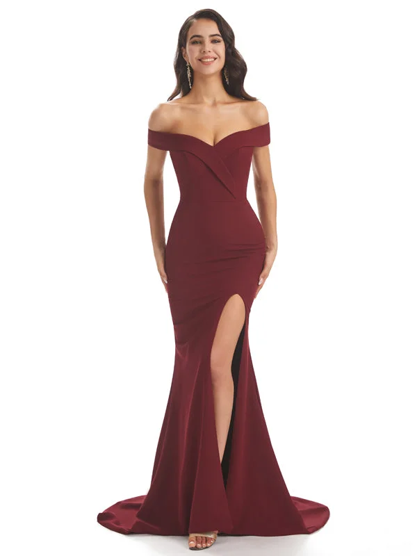 Low Prices Sexy Soft Satin Off Shoulder Side Slit Floor-Length Long Mermaid Bridesmaid Dresses Low Prices Sexy Soft Satin Off Shoulder Side Slit Floor-Length Long Mermaid Bridesmaid Dresses