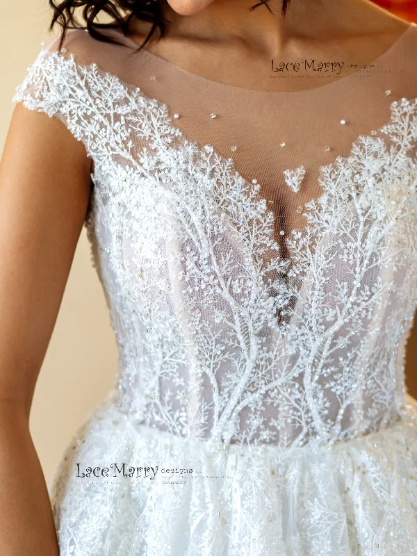 Crazy Deals Embroidered Lace Wedding Dress with Illusion Cap Sleeves