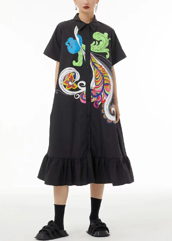 Deal Explosion Unique Black Print Peter Pan Collar Patchwork Ruffles Cotton Shirt Dress Summer LC0105