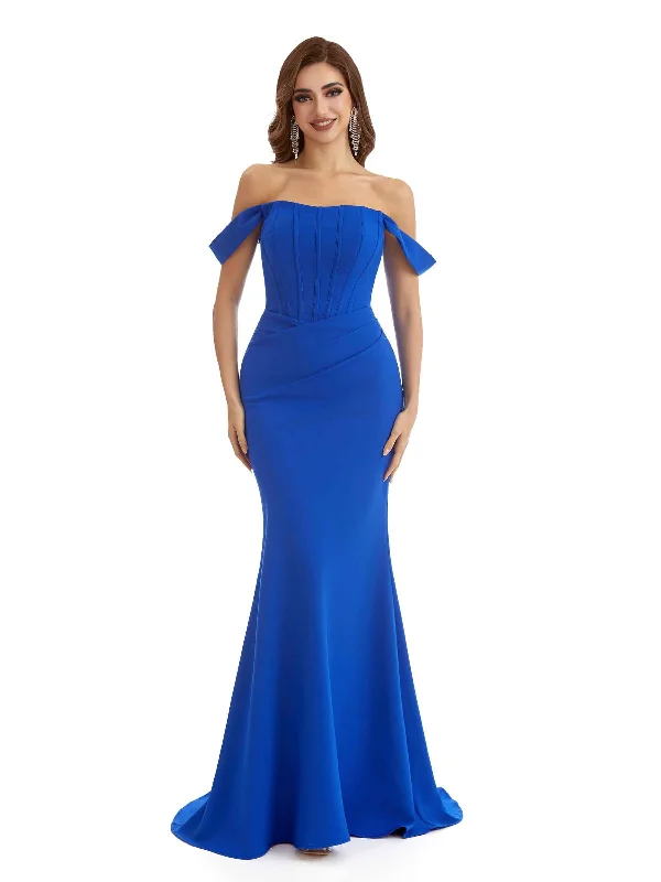 Limited Availability Elegant Mermaid Off The Shoulder Stretchy Crepe Long Formal Bridesmaid Dresses Limited Availability Elegant Mermaid Off The Shoulder Stretchy Crepe Long Formal Bridesmaid Dresses