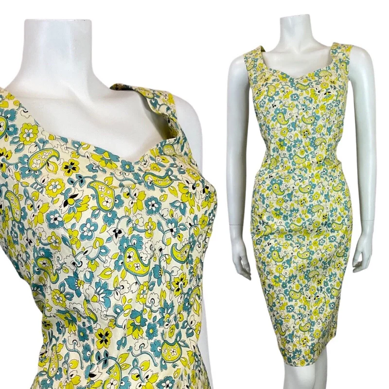 Early Access VINTAGE 60s 70s YELLOW BLUE WHITE PSYCHEDELIC FLORAL PAISLEY SLEEVELESS DRESS 14 Early Access VINTAGE 60s 70s YELLOW BLUE WHITE PSYCHEDELIC FLORAL PAISLEY SLEEVELESS DRESS 14